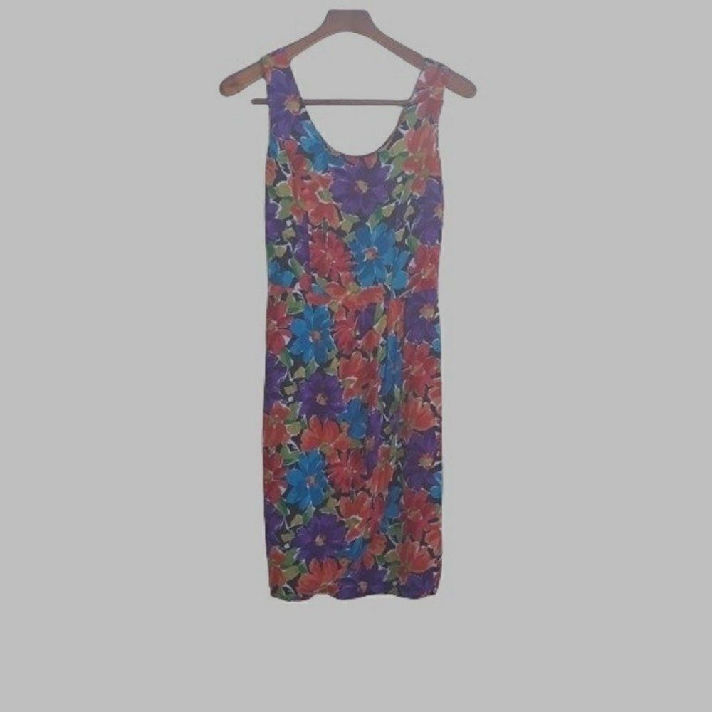 Vintage 80's Dress Tropical Hawaiian Island Belted Floral Sleeveless Sz M‎
